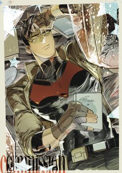 1boy artist_name bat_signal batman_(series) batman_symbol belt black_hair black_pants blue_eyes bodysuit brown_jacket dc_comics gloves grey_bodysuit highres insignia jacket jason_todd male_focus multicolored_bodysuit muscular muscular_male pants red_hood_(dc) red_hood_and_the_outlaws short_hair superhero_costume taut_bodysuit tokitokororo two-tone_bodysuit