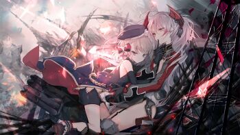2girls antenna_hair azur_lane bare_shoulders beret blonde_hair blue_eyes boots bow breasts cannon cierra_(ra-bit) covered_mouth cross finger_to_mouth garter_straps gloves grey_hair hair_between_eyes hair_ornament hat headgear highres hug iron_cross large_breasts light_particles long_hair looking_at_viewer machinery medium_breasts multicolored_hair multiple_girls official_art outdoors photoshop_(medium) prinz_eugen_(azur_lane) red_hair resized ribbon rigging ship_turret short_hair shorts sidelocks sitting smile streaked_hair thighs third-party_source torpedo_launcher two_side_up upscaled very_long_hair wide_sleeves z23_(azur_lane)