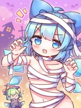 2girls ahoge bandages black_hat blue_eyes blue_hair blue_ribbon blush cirno coa_(chroo_x) daiyousei green_hair hair_ribbon hat highres ice ice_wings multiple_girls naked_bandage open_mouth ribbon short_hair smile touhou wings yellow_ribbon