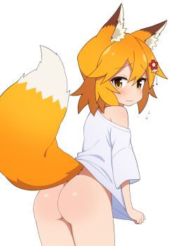 1girl animal_ear_fluff animal_ears ass blonde_hair blush bottomless closed_mouth commentary cowboy_shot english_commentary female_focus flower fox_ears fox_girl fox_tail from_behind hair_between_eyes hair_flower hair_ornament highres loli looking_at_viewer looking_back mikoscrub naked_shirt off-shoulder_shirt off_shoulder senko_(sewayaki_kitsune_no_senko-san) sewayaki_kitsune_no_senko-san shirt shirt_tug short_hair simple_background single-shoulder_shirt single_bare_shoulder three-quarter_sleeves solo standing tail tail_raised thighs wavy_mouth white_background white_shirt yellow_eyes