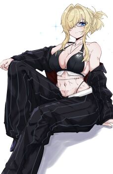 1girl abs absurdres bare_shoulders bikini black_bikini black_jacket black_pants black_shoes blonde_hair blue_eyes breasts cain_lk cleavage closed_mouth collar collarbone commentary formal_clothes glasses goddess_of_victory:_nikke grave_(beautiful_you)_(nikke) grave_(nikke) groin hair_between_eyes hair_intakes hair_over_one_eye highleg highleg_bikini highres jacket large_breasts long_hair looking_at_viewer metal_collar midriff multiple_scars navel necklace_between_breasts off_shoulder official_alternate_costume pants pinstripe_jacket pinstripe_pants pinstripe_pattern pinstripe_suit ponytail scar scar_on_stomach shadow shoes short_ponytail sidelocks simple_background sitting solo suit swimsuit white_background