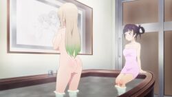 2girls android animated anime_screenshot arms_under_breasts ass bare_shoulders black_hair blonde_hair blue_eyes breasts cleavage collarbone completely_nude fang hair_between_eyes highres kakushite!_makina-san!! large_breasts long_hair mamimi_(makina-san) medium_breasts multiple_girls naked_towel navel nipples nude purple_eyes robot_girl sakimori_alma screen skin_fang smile sound standing stomach tagme thick_thighs thigh_gap thighs towel twintails video wide_hips