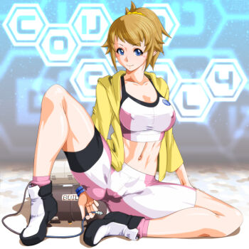 1girl ankle_socks bike_shorts black_shoes blue_background blue_eyes breasts brown_hair cable cameltoe cleavage closed_mouth collarbone commentary_request covered_erect_nipples full_body gundam gundam_build_fighters gundam_build_fighters_try hair_ornament hair_scrunchie hexagon holding holding_cable hood hood_down hooded_jacket hoshino_fumina jacket knee_up large_breasts long_sleeves looking_at_viewer machine midriff multicolored_shoes navel open_clothes open_jacket pink_socks ponytail qkat_(arikawa-dou) scrunchie shadow shoes sidelocks sitting smile socks solo sports_bra taut_clothes toned two-tone_shoes two-tone_sports_bra white_shoes yellow_jacket yellow_scrunchie