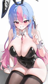 1girl animal_ear_hairband animal_ears arm_support bare_shoulders bing_hayu black_leotard black_thighhighs blue_hair blush breasts cleavage clock_hair_ornament colored_bangs colored_inner_hair crossed_bangs detached_collar fake_animal_ears gigabani grin hair_between_eyes hair_ornament hairband highleg highleg_leotard highres large_breasts leotard long_hair looking_at_viewer luvdia mole mole_on_breast mole_under_eye multicolored_hair pink_eyes pink_hair playboy_bunny rabbit_ear_hairband rabbit_ears simple_background sitting skindentation smile solo strapless strapless_leotard sweat thighhighs two-tone_hair v very_long_hair virtual_youtuber white_background white_wrist_cuffs wrist_cuffs