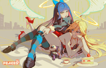 2girls angel_wings artist_name blonde_hair blue_hair blunt_bangs cake dress food green_eyes halo hashtag-only_commentary high_heels highres multiple_girls panty_&amp;_stocking_with_garterbelt panty_(psg) peaceablecolt red_dress sitting stocking_(psg) striped_clothes striped_thighhighs thighhighs undressing wings