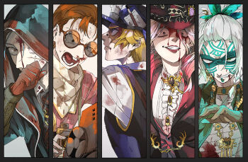 1girl 4boys alternate_color bandaged_torso bandana black_jacket black_necktie black_vest blonde_hair blood blood_from_forehead blood_from_mouth blood_on_clothes brown_gloves brown_hair buck_teeth clenched_teeth covered_mouth demi_bourbon demi_bourbon_(true_proof) evil_grin evil_smile facial_mark facial_scar fang freddy_riley furrowed_brow gloves green_jacket grin hair_between_eyes hair_intakes hair_pulled_back half-closed_eye hat hood hood_up identity_v injury jacket jewelry lapel_chain luca_balsa luca_balsa_(viper) mole mole_on_cheek multiple_boys naib_subedar neck_ring necktie norton_campbell norton_campbell_(magic_item_keeper) nosebleed official_alternate_costume profile red_gloves scar scar_across_eye scar_on_cheek scar_on_face shaded_face shirt smile smirk stitches sweat tearing_up teeth top_hat uneven_eyes vest wavy_hair white_hair white_shirt wide-eyed wiping_blood yokoi36