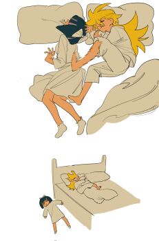 2girls aged_down bed blonde_hair closed_eyes dress guru.zong highres multiple_girls pajamas panty_&amp;_stocking_with_garterbelt panty_(psg) purple_hair short_hair sleeping stocking_(psg) white_dress