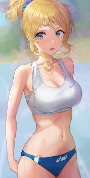 Rule 34 | 1girl, asics, bad id, bad pixiv id, bare arms, bare shoulders, blonde hair, blue buruma, blue eyes, blurry, blurry background, breasts, breath, buruma, cleavage, collarbone, commission, cowboy shot, crop top, depth of field, fang, hair ornament, hair scrunchie, hairclip, hamstarhand, high ponytail, highres, kousaka kirino, large breasts, long hair, looking at viewer, midriff, navel, open mouth, ore no imouto ga konna ni kawaii wake ga nai, pixiv commission, ponytail, scrunchie, short ponytail, sleeveless, solo, sports bra, standing, stomach, sweat