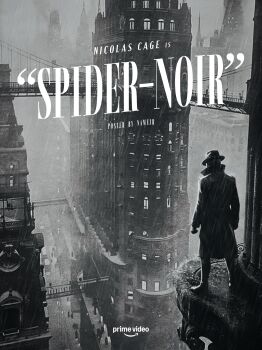 1boy absurdres bodysuit bridge building city coat highres itsnamejr landscape marvel outdoors road scenery solo spider-man:_into_the_spider-verse spider-man_(series) spider-man_noir spider-verse superhero_costume trench_coat