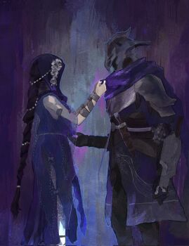 Rule 34 | 1boy, 1girl, armlet, armor, black boots, black gloves, black hair, blue surcoat, boots, braid, cape, clothing cutout, dress, elden ring, elden ring nightreign, feet out of frame, from side, gloves, helmet, highres, hood, jewelry, long hair, official alternate costume, purple background, purple cape, scale armor, see-through clothes, simple background, single braid, sleeveless, sleeveless dress, undertaker (elden ring), winged helmet, wylder (elden ring), wyldr7