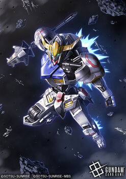 Rule 34 | amasaki yusuke, aqua eyes, asteroid, commentary request, copyright logo, copyright name, copyright notice, glowing, glowing eyes, gundam, gundam barbatos, gundam card game, gundam tekketsu no orphans, holding, holding mace, holding weapon, logo, mace, mecha, mobile suit, no humans, official art, robot, science fiction, solo, space, thrusters, v-fin, weapon