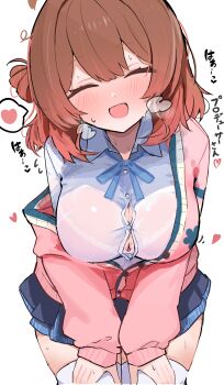 1girl :d ^_^ absurdres bra bra_visible_through_clothes brown_hair button_gap cardigan closed_eyes commentary_request gakuen_idolmaster hanami_ume hatsuboshi_gakuen_school_uniform heart highres idolmaster nyashiro_(sgylk) open_mouth pink_bra pink_cardigan school_uniform shirt simple_background smile solo spoken_heart underwear white_background white_shirt