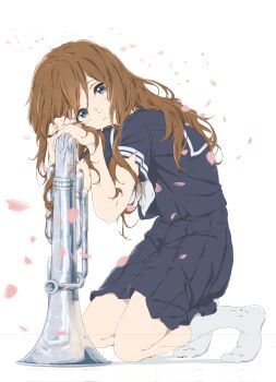 Rule 34 | 1girl, absurdres, black sailor collar, black serafuku, black skirt, blue eyes, brown hair, closed mouth, corrupted twitter file, euphonium, falling petals, from side, full body, head rest, head tilt, hibike! euphonium, highres, instrument, kneehighs, kneeling, kuroe mayu, leaning forward, long hair, looking at viewer, medium skirt, neckerchief, no shoes, on ground, petals, pleated skirt, sailor collar, school uniform, serafuku, short sleeves, simple background, skirt, smile, socks, solo, tanaka29556626, tiptoes, white background, white neckerchief, white socks