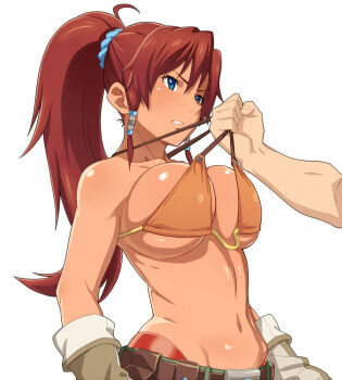 1girl 1other bellows_(suisei_no_gargantia) belt bikini bikini_top_only bikini_top_pull blue_eyes breasts brown_belt brown_hair clenched_teeth commentary_request gloves hair_ornament hair_scrunchie large_breasts large_variant_set long_hair navel orange_bikini out_of_frame ponytail pulling_another's_clothes scrunchie sidelocks simple_background solo_focus strap_gap suisei_no_gargantia swimsuit teeth tenchisouha upper_body variant_set white_background