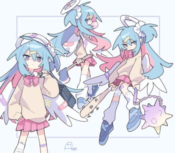 1girl absurdres aida_(aidia) axe bag ball_and_chain_(weapon) bandaged_leg bandages bandaid bandaid_hair_ornament bandaid_on_face bandaid_on_knee bandaid_on_leg bandaid_on_nose blue_eyes blue_hair blue_shoes bow bowtie closed_mouth colored_inner_hair commentary_request double-parted_bangs grey_background hair_between_eyes hair_ornament halo hand_in_pocket highres holding holding_axe holding_bag holding_weapon looking_at_viewer multicolored_hair multiple_views one_side_up original outline pink_hair pleated_skirt red_bow red_bowtie red_skirt school_bag school_uniform shoes skirt socks sweater two-tone_hair weapon white_halo white_socks wing_collar yellow_sweater
