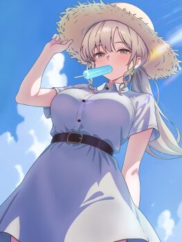 Rule 34 | 1girl, belt, black belt, black bitou, blue sky, breasts, brown eyes, brown hair, buttons, commentary request, day, dress, food, food in mouth, from below, highres, large breasts, nijisanji, ponytail, popsicle, popsicle in mouth, short sleeves, sister claire, sky, solo, virtual youtuber, white dress