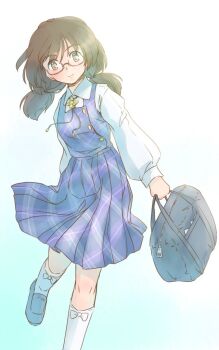 1girl bag blue_shoes blush brown_eyes brown_hair buttons collared_shirt commentary_request foot_out_of_frame gradient_background holding holding_bag knees long_sleeves looking_at_viewer low_twintails one-hour_drawing_challenge plaid_clothes plaid_skirt plaid_vest pleated_skirt puffy_long_sleeves puffy_sleeves purple_skirt purple_vest quimbaya_airplane rangycrow red-framed_eyewear shirt shoes skirt smile socks solo split_mouth touhou twintails usami_sumireko vest white_background white_shirt white_socks zipper_pull_tab