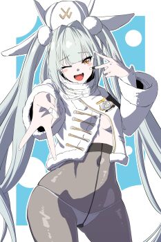 armband black_armband black_pantyhose blanc_(fortune_express)_(nikke) blanc_(nikke) breasts covered_navel fang goddess_of_victory:_nikke highres jacket jacket_partially_removed long_hair long_sleeves looking_at_viewer medium_breasts one_eye_closed open_mouth panties pantyhose pantyhose_lift see-through_pantyhose skin_fang smile suto_(sutttttto) underwear v vest white_panties white_vest