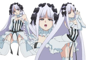 1girl bare_shoulders black_bow black_nails blush bow braid breasts collar detached_sleeves dress fate/strange_fake fate_(series) finger_to_mouth francesca_prelati_(fate) frilled_collar frills garter_straps hair_bow highres long_hair looking_at_viewer medium_breasts multiple_hair_bows nobu_cha20 own_hands_together ringed_eyes showgirl_skirt smile solo striped_clothes striped_dress tears vertical-striped_clothes vertical-striped_dress white_dress white_hair