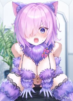 1girl animal_ears blush breasts commentary_request elbow_gloves fate/grand_order fate_(series) fur-trimmed_gloves fur-trimmed_legwear fur-trimmed_thighhighs fur_bikini fur_collar fur_trim gloves gnu36 halloween_costume highres lace lace-trimmed_thighhighs lace_trim large_breasts looking_at_viewer mash_kyrielight mash_kyrielight_(dangerous_beast) navel o-ring o-ring_top open_mouth purple_eyes purple_gloves purple_tail purple_thighhighs revealing_clothes short_hair solo tail thighhighs wolf_ears wolf_tail