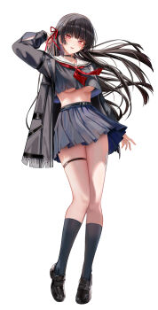 1girl arm_up black_choker black_hair black_jacket black_serafuku black_shirt black_shoes black_skirt black_socks blush breasts chisa_(wuthering_waves) choker commentary_request crop_top full_body hair_ribbon highres jacket loafers long_hair looking_at_viewer mole mole_under_eye neckerchief open_clothes open_jacket paid_reward_available parted_lips partial_commentary red_eyes red_neckerchief red_ribbon ribbon ru_zhai sailor_collar school_uniform serafuku shirt shoes simple_background skirt smile socks solo thigh_strap thighs underboob white_background white_sailor_collar wind wuthering_waves