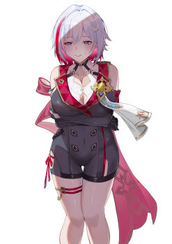 1girl absurdres bare_shoulders belt black_belt black_gloves blue_eyes breasts cleavage coin colored_inner_hair covered_navel elbow_gloves gloves grey_hair hair_between_eyes hair_ornament highres honkai:_star_rail honkai_(series) large_breasts looking_at_viewer mole mole_on_thigh multicolored_hair red_hair shirt short_hair simple_background solo streaked_hair thigh_strap thighs tongyu topaz_(honkai:_star_rail) white_background white_hair