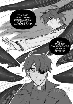 2boys absurdres areuwuu black_hair breath coat collared_shirt eyepatch greyscale highres male_focus monochrome multiple_boys multiple_scars omniscient_reader&#039;s_viewpoint open_clothes open_coat outstretched_arm scar scar_across_eye scar_on_face scar_on_hand secretive_plotter selfcest sexually_suggestive shirt short_hair smile tentacles yaoi yoo_joonghyuk yoo_joonghyuk_(999th_turn)