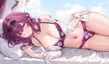 1girl armpit_crease artist_name bare_shoulders blue_sky blush bra breasts closed_mouth commentary_request dakimakura_(medium) day eyewear_on_head floral_print glasses hair_between_eyes hand_on_own_hip highres honkai:_star_rail honkai_(series) kafka_(honkai:_star_rail) large_breasts long_hair looking_at_viewer lying machi_(machi0910) merchandise_available nail_polish on_bed on_side open_clothes open_shirt panties pillow pince-nez purple_bra purple_eyes purple_hair purple_nails purple_panties round_eyewear shirt sky smile solo sunglasses twitter_username underwear white_shirt