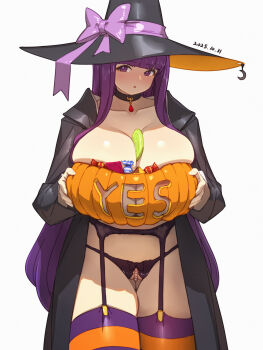 1girl areola_slip between_breasts black_choker black_garter_belt black_panties black_robe black_straps blush bow bow_panties breasts candy candy_wrapper choker collarbone commentary condom condom_wrapper crescent dated english_commentary fern_(sousou_no_frieren) food garter_belt gem gluteal_fold halloween hat hat_bow highres huge_breasts lollipop long_sleeves looking_at_viewer looking_to_the_side medium_hair open_clothes open_mouth open_robe orange_hat orange_thighhighs panties pearl_thong pumpkin purple_bow purple_eyes purple_hair purple_thighhighs qingmingtongzi red_gemstone robe simple_background solo sousou_no_frieren thighhighs thighs two-tone_hat two-tone_thighhighs underwear white_background yes