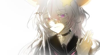 1girl animal_ears annytf black_choker black_sailor_collar black_serafuku choker closed_mouth fox_ears fox_girl hair_between_eyes hair_ornament hand_up heart heart_hair_ornament highres indie_virtual_youtuber liquain long_hair looking_at_viewer multicolored_hair pink_hair purple_eyes sailor_collar school_uniform serafuku simple_background smile solo star_(symbol) star_hair_ornament streaked_hair upper_body virtual_youtuber white_background white_hair