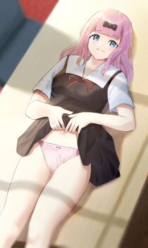 1girl blue_eyes breasts fujiwara_chika highres kaguya-sama_wa_kokurasetai_~tensai-tachi_no_renai_zunousen~ large_breasts legs lifting_own_clothes long_hair looking_at_viewer navel navel_peek panties pink_hair pink_panties school_uniform smile thighs underwear
