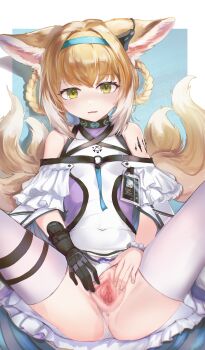 1girl absurdres animal_ear_fluff animal_ears anus apron arknights bare_shoulders black_gloves blonde_hair blue_hairband braid braided_hair_rings censored commentary_request earpiece fox_ears fox_girl fox_tail frills gloves green_eyes hair_rings hairband highres infection_monitor_(arknights) kitsune kyuubi loli looking_at_viewer material_growth mizuhashi_parusui multicolored_hair multiple_girls multiple_tails oripathy_lesion_(arknights) pantyhose short_hair single_glove single_wrist_cuff skirt solo spread_legs spread_pussy spreading_own_pussy suzuran_(arknights) tail underwear white_hair white_pantyhose wrist_cuffs