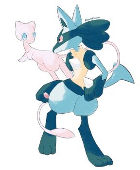 1other blue_eyes closed_mouth commentary_request floating furry gen_1_pokemon gen_4_pokemon legendary_pokemon looking_at_another lucario mew_(pokemon) mythical_pokemon nintendo pokemon pokemon_(creature) red_eyes sorashiramu standing tail twitter_username white_background