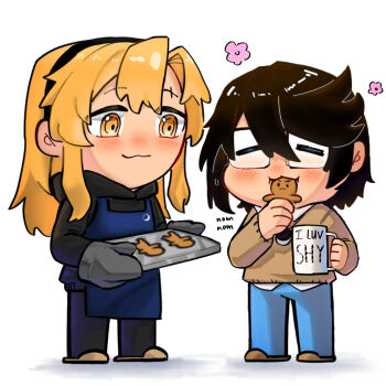 2girls apron black_hair black_hoodie blonde_hair blue_apron blue_pants brown_sweater chibi chibi_only closed_eyes cookie cup eating food gingerbread_cookie gmeg011 hashtag-only_commentary highres holding holding_cup holding_tray hood hoodie koishikawa_iko momijiyama_teru mug multiple_girls oven_mitts pants scar scar_across_eyebrow scar_on_face short_hair shy_(series) slippers sweater tray yellow_eyes yuri