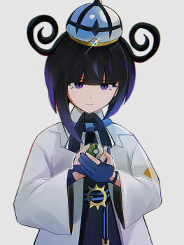 1girl black_dress blue_gloves blunt_bangs closed_mouth coat commentary_request dress expressionless gloves grey_background gwynn_(pokemon) highres holding holding_poke_ball long_sleeves looking_down nanimo_(7nai_nanimo) nest_ball nintendo open_clothes open_coat partially_fingerless_gloves poke_ball pokemon pokemon_legends:_z-a purple_eyes solo upper_body wide_sleeves