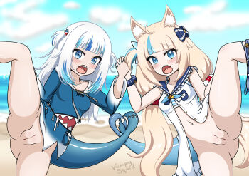 2girls absurdres animal_ears beach blonde_hair breasts cat_ears exhibitionism female_focus fins fish fish_girl fish_tail fishgirl gawr_gura highres hololive hololive_english hololive_myth indie_virtual_youtuber loli long_hair multiple_boys multiple_girls ocean penis public_indecency public_nudity pussy sameko_saba shark shark_tail sharp_teeth small_breasts tail teeth vampy_squid virtual_youtuber white_hair