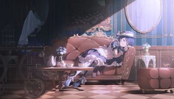 Rule 34 | 1girl, all ways jump! with you (project sekai), apron, asymmetrical legwear, back bow, black pantyhose, bloomers, blue eyes, blue flower, blue hair, blue hat, blue nails, blue shoes, blunt bangs, bob cut, bow, clover earrings, clover hat ornament, colorful palette, couch, cup, dress, earrings, fingernails, flower, frilled apron, frilled dress, frilled sleeves, frilled wrist cuffs, frills, frown, full body, game cg, grey nails, hat, highres, jewelry, kiritani haruka, mannequin, mirror, mismatched legwear, multicolored nails, nail polish, official alternate costume, official art, on couch, pantyhose, petticoat, picture frame, project sekai, puffy short sleeves, puffy sleeves, saucer, shoes, short hair, short sleeves, sidelighting, solo, striped clothes, striped dress, striped hat, striped pantyhose, swept bangs, t-bar sandals, table, teacup, teapot, third-party source, underwear, unworn dress, white apron, white bloomers, white bow, white pantyhose, wrist cuffs