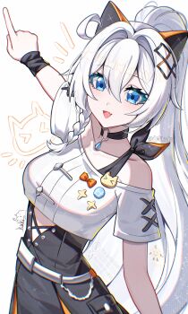 1girl absurdres ahoge artist_name black_skirt breasts commentary_request cutescookie high_ponytail highres honkai_(series) honkai_impact_3rd kiana_kaslana long_hair looking_at_viewer medium_breasts open_mouth pointing ponytail shirt skirt solo very_long_hair white_background white_shirt