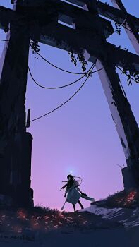 1girl absurdres arch baseball_cap black_hair blue_archive coat coat_partially_removed commentary_request flower from_behind gloves glowing_flower gradient_sky grass halo hat highres holding holding_unworn_clothes holding_unworn_hat kani_etizen03 long_hair looking_to_the_side overgrown path purple_sky road saori_(blue_archive) scenery sky solo twilight unworn_hat unworn_headwear white_coat white_halo wire