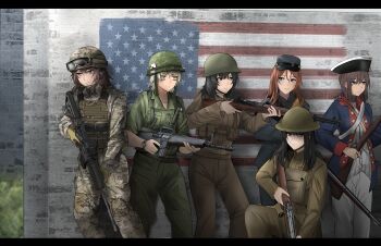 6+girls absurdres ace_(playing_card) ace_of_clubs american_civil_war american_flag american_revolution ammunition_pouch antique_firearm assault_rifle ayou_(aukuamani) bags_under_eyes black_hat blonde_hair blue_coat bolt_action breasts brown_eyes brown_gloves brown_hair brown_helmet brown_pants bulletproof_vest camouflage camouflage_helmet camouflage_jacket camouflage_pants caplock card closed_mouth club_(shape) coat commentary confederate_states_of_america day english_commentary eotech evolution facepaint feet_out_of_frame finger_on_trigger firearm firelock flashlight gloves goggles goggles_on_head grass green_eyes grey_hat grey_jacket grey_pants gun hat headset helmet highres jacket knee_pads kneeling letterboxed load_bearing_equipment load_bearing_vest m16 m16a1 m1903_springfield m1_garand m4_carbine magazine_(weapon) medium_breasts medium_hair military military_combat_uniform military_fatigues military_uniform multiple_girls musket optical_sight original outdoors pants playing_card pouch rifle short_hair standing strap tricorne trigger_discipline united_states_army vest vietnam_war waistcoat weapon white_pants woodland_camouflage world_war_i world_war_ii