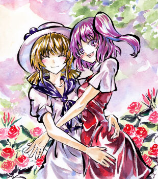 Rule 34 | 2girls, absurdres, blonde hair, capelet, closed eyes, closed mouth, dress, facing viewer, flower, hands on another's waist, happy, hat, highres, hug, kabaji, louise (touhou), multiple girls, neckerchief, open mouth, pink eyes, pink hair, purple neckerchief, red dress, rose, sara (touhou), shikishi, short sleeves, side ponytail, touhou, touhou (pc-98), traditional media, tree, waist hug, waistband, white capelet, white dress, white hat