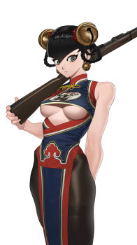 1girl absurdres alternate_costume bare_arms bare_shoulders black_hair black_pantyhose bolt_action breasts china_dress chinese_clothes clothing_cutout commentary double_bun dress english_commentary grey_eyes gun hair_bun highres hip_bones holding holding_gun holding_weapon lin_lin_(one-punch_man) mauser_98 medium_breasts one-punch_man over_shoulder pantyhose pzkpfwi revision rifle short_hair solo thighband_pantyhose underboob underboob_cutout weapon weapon_over_shoulder white_background