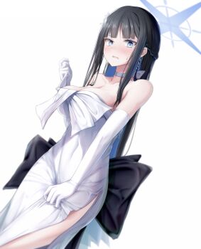 1girl bare_shoulders black_hair blue_archive blue_eyes blue_hair blue_halo blush braid breasts choker cleavage colored_inner_hair commentary_request elbow_gloves embarrassed flower gloves hair_flower hair_ornament half_up_braid halo highres large_breasts long_hair looking_at_viewer multicolored_hair official_alternate_costume official_alternate_hairstyle open_mouth saori_(blue_archive) saori_(dress)_(blue_archive) sidelocks solo sweatdrop tooto_(ryuto333) two-tone_hair white_choker white_flower white_gloves