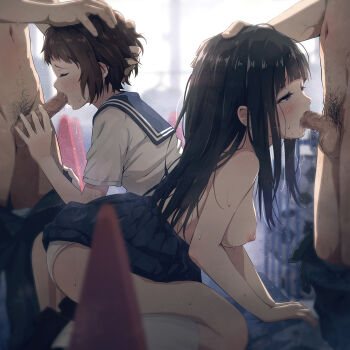 2boys 2girls all_fours asou_(asabu202) backlighting ball black_hair black_pants black_sailor_collar black_skirt blunt_bangs blurry blurry_background blurry_foreground blush breasts brown_hair censored chitanda_eru closed_eyes clothes_lift clothes_pull commentary_request cone depth_of_field eyebrows_hidden_by_hair fellatio gym_storeroom half-closed_eyes head_grab head_out_of_frame hetero highres hyouka ibara_mayaka indoors irrumatio kneehighs light_particles male_pubic_hair medium_breasts miniskirt mosaic_censoring multiple_boys multiple_girls navel nipples oral panties pants pants_pull penis pubic_hair purple_eyes sailor_collar school_uniform serafuku short_hair short_sleeves sitting skirt skirt_lift soccer_ball socks testicles topless_female topless_male underwear white_legwear white_panties