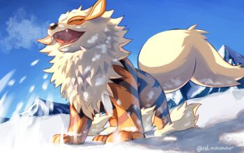 Rule 34 | arcanine, breath, closed eyes, commentary request, day, fangs, from below, funahashi (nkmmmmr), gen 1 pokemon, nintendo, no humans, open mouth, outdoors, pokemon, pokemon (creature), sky, snow, solo, standing, tongue, twitter username