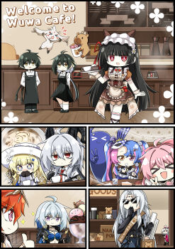 &gt;_&lt; +_+ 2boys 6+girls abby_(wuthering_waves) absurdres ahoge alternate_costume animal_ears apron augusta_(wuthering_waves) black_hair black_horns blonde_hair blue_bra blue_hair bra breasts bright_pupils brown_dress brown_sash cafe cake cake_slice calcharo_(wuthering_waves) carlotta_(wuthering_waves) chisa_(wuthering_waves) closed_mouth coffee_mug commentary_request cup curled_horns dress dual_persona encore_(wuthering_waves) english_text fake_animal_ears female_rover_(wuthering_waves) food galbrena_(wuthering_waves) hat heterochromia highres horns korean_commentary long_hair looking_at_viewer maid_headdress male_rover_(wuthering_waves) medium_breasts mug multicolored_hair multiple_boys multiple_girls namipon_(wuthering_waves) necktie open_mouth orange_hair pero_(wuthering_waves) phoebe_(wuthering_waves) pink_hair purple_eyes red_eyes red_necktie roccia_(wuthering_waves) rover_(wuthering_waves) shirt smile standing stirring sunglasses tacet_mark_(wuthering_waves) thick_eyebrows thumbs_up twintails two-tone_hair underwear v white_hat white_pupils white_shirt windy_(jazz9207) wuthering_waves yellow_eyes zani_(wuthering_waves)