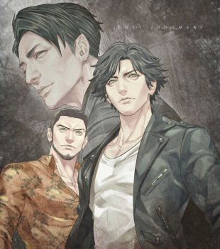3boys beard black_hair black_jacket copyright_name facial_hair jacket judge_eyes kaito_masaharu multiple_boys orange_shirt shirt talgi upper_body white_shirt yagami_takayuki