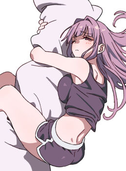 1girl ashikare camisole hugging_object one_eye_closed original pillow pillow_hug purple_hair shorts solo