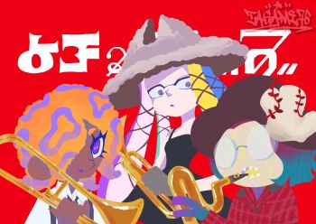 Rule 34 | 3girls, absurdres, aqua hair, black dress, black hat, black suspenders, blonde hair, blue hair, collared shirt, dark-skinned female, dark skin, dress, glasses, grey hat, hat, hat ornament, highres, holding, holding instrument, holding saxophone, holding trombone, holding trumpet, instrument, kirisima177, looking at viewer, multiple girls, nintendo, orange hair, patterned hair, plaid clothes, plaid shirt, purple eyes, purple hair, red shirt, round eyewear, saxophone, shirt, smile, splatoon (series), splatoon 3, tao blu, tentacle hair, tosh (splatoon), trombone, trumpet, white shirt, yoko (splatoon)