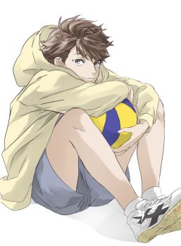 Rule 34 | 1boy, aged down, ball, blue shorts, closed mouth, commentary request, haikyuu!!, highres, holding, holding ball, hood, hoodie, knees up, looking at viewer, male focus, oikawa tooru (haikyuu!!), sac hi9, shoes, shorts, simple background, sitting, solo, volleyball (object), white background, white shoes